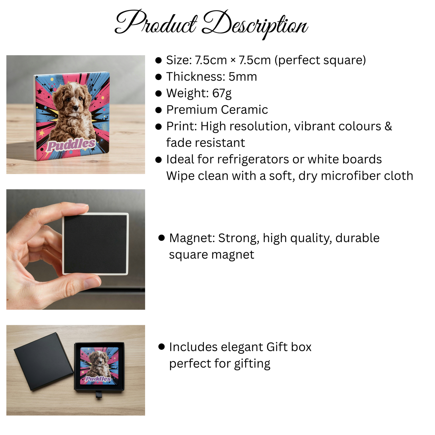 Product description for the Comic Style Pet Magnet Custom Pet Photo Ceramic Magnet Pet Portrait Fridge Magnet Pet Photo Magnet Custom Pet Portrait Ceramic Fridge Magnet