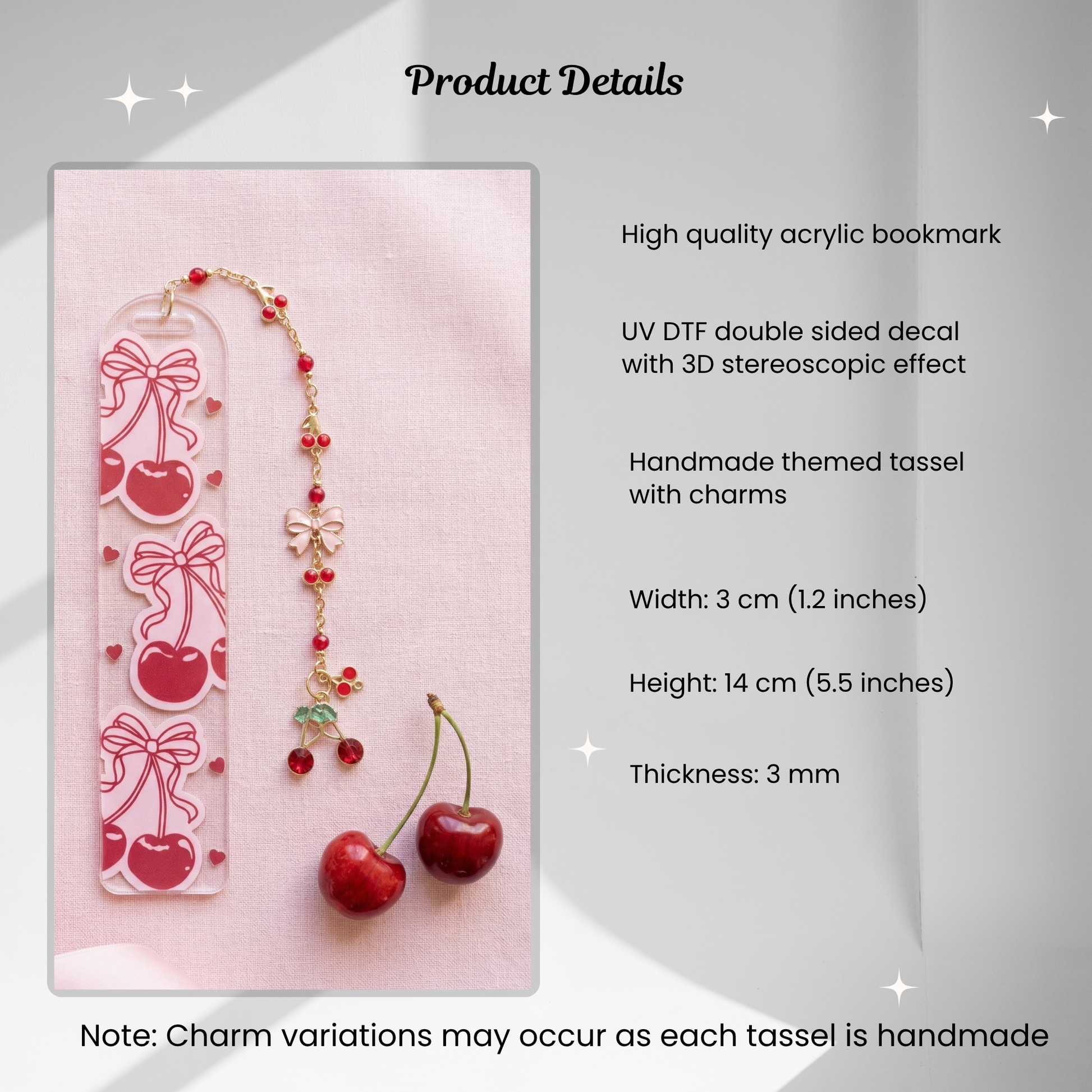 product details for Cherry Bow Acrylic Bookmark