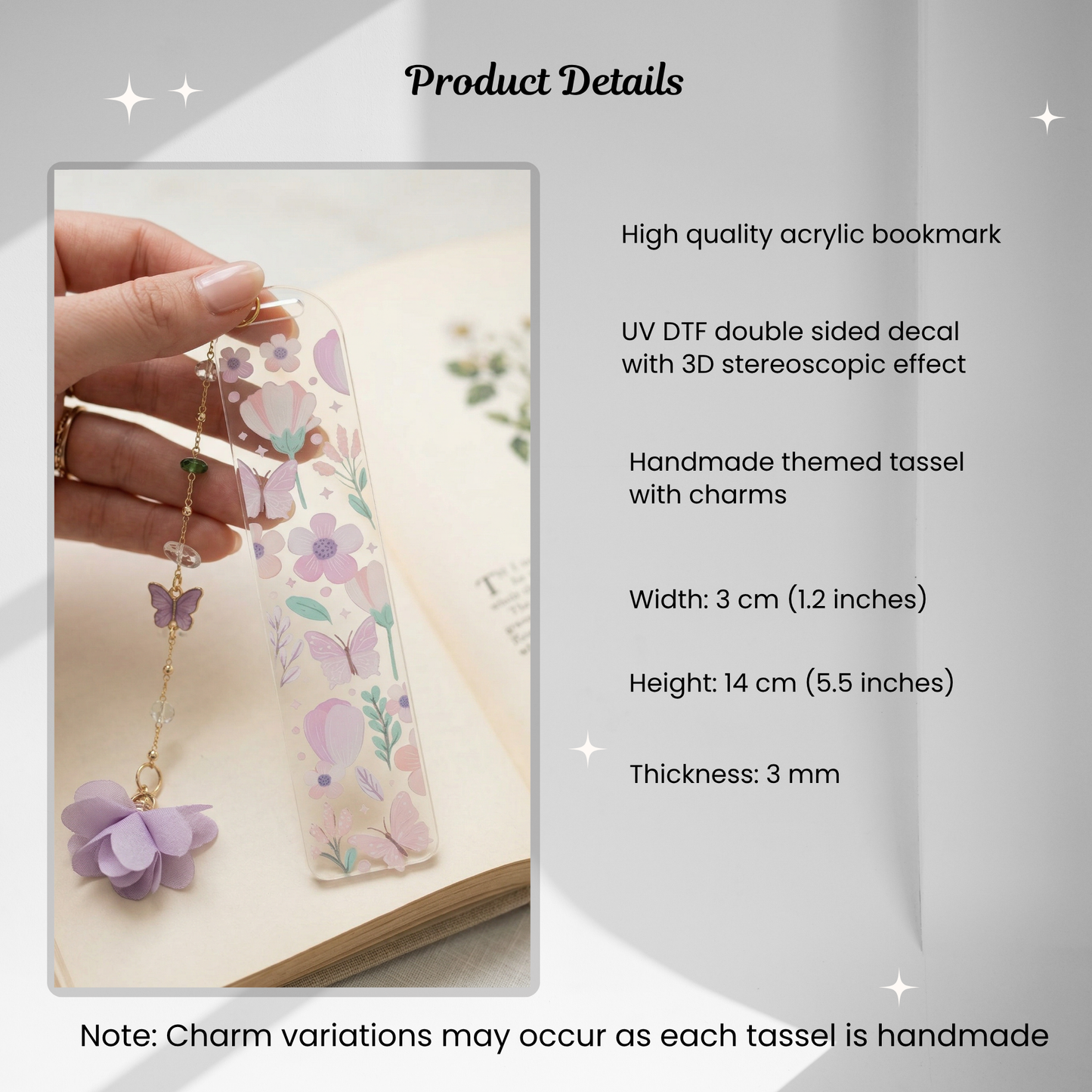 product details for cute floral bookmark with tassel