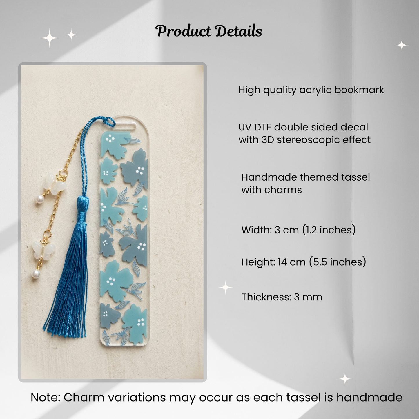 Product details for Blue Floral Acrylic Bookmark with Tassel