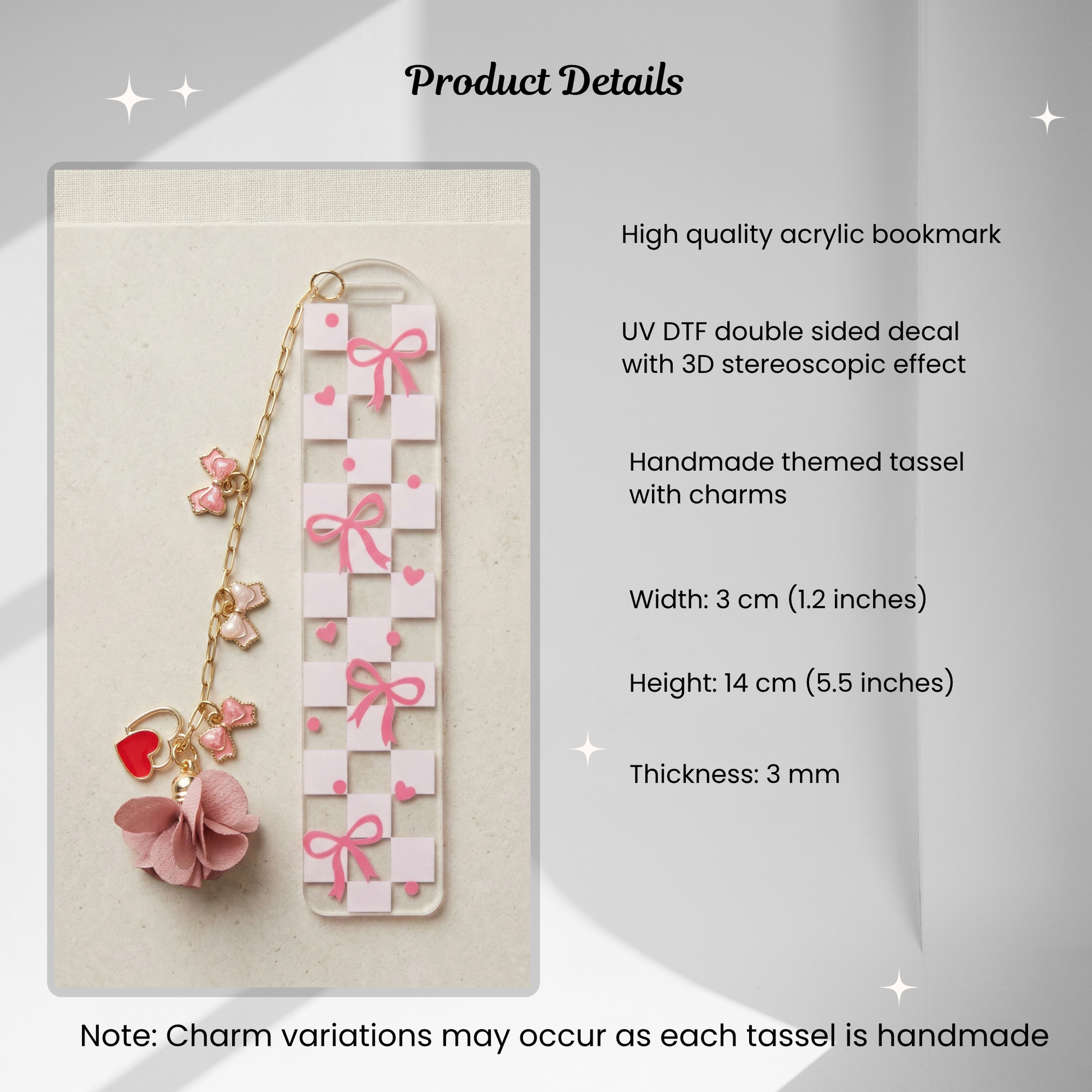 product details for pink bow bookmark for book lovers
