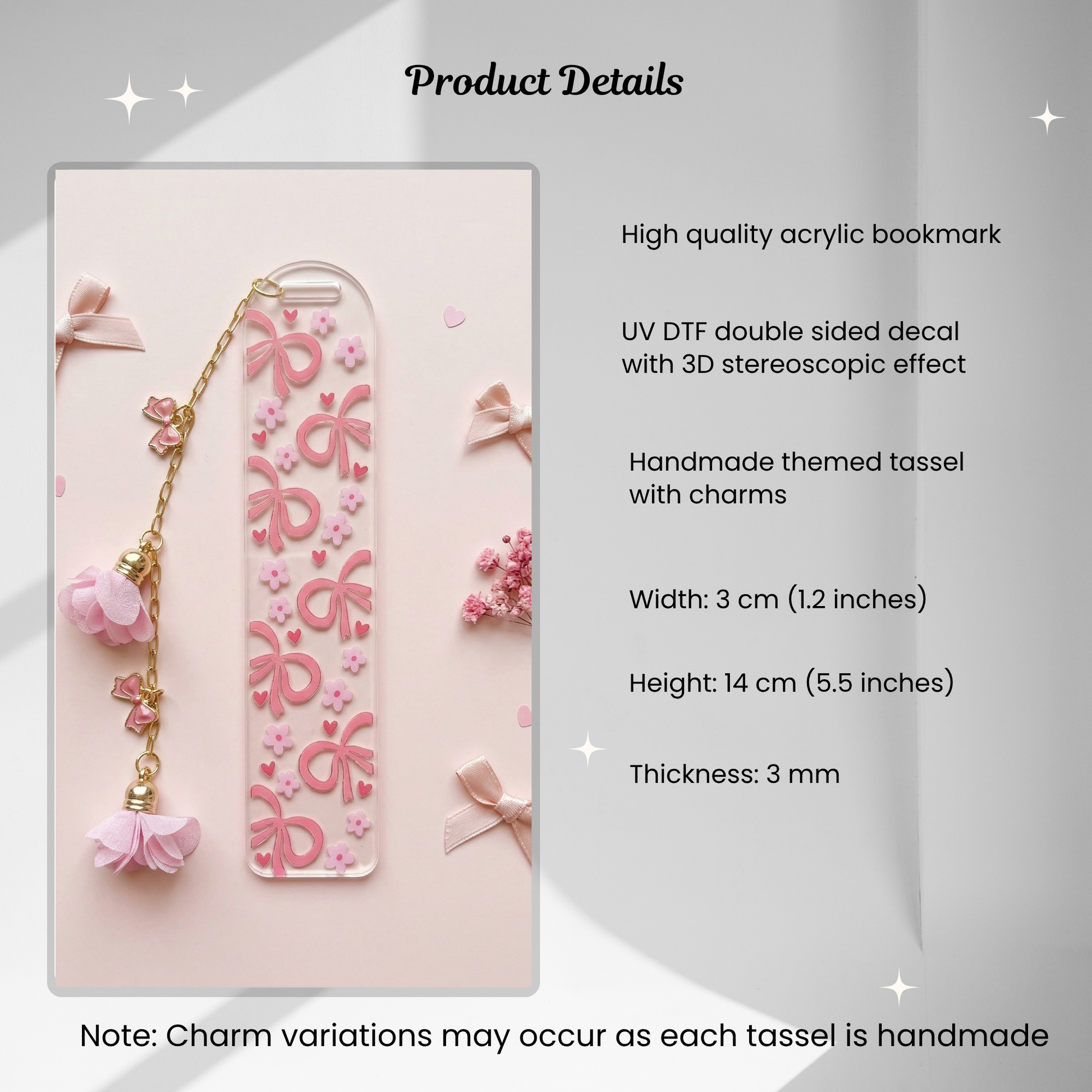 product description for Pink Bow Floral Acrylic Bookmark with Tassel