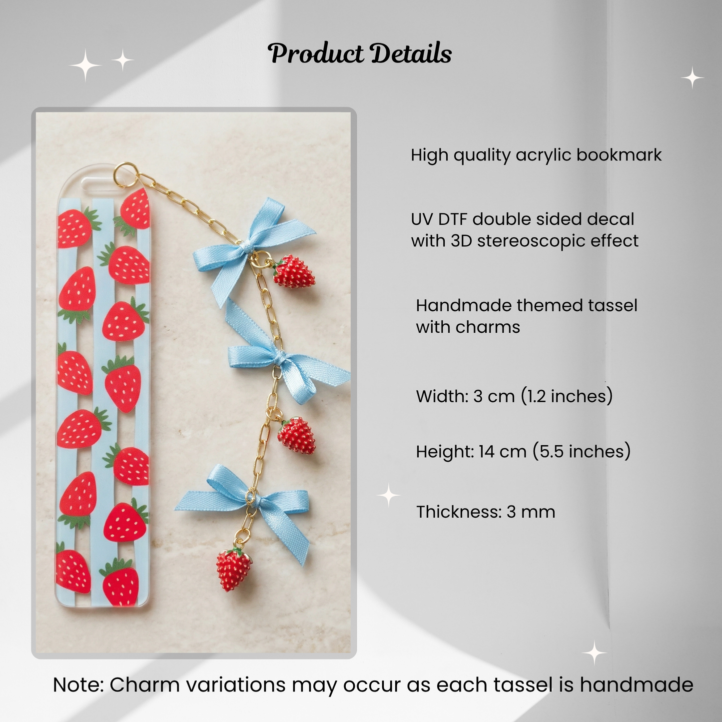 product details for strawberry bookmark for book lovers