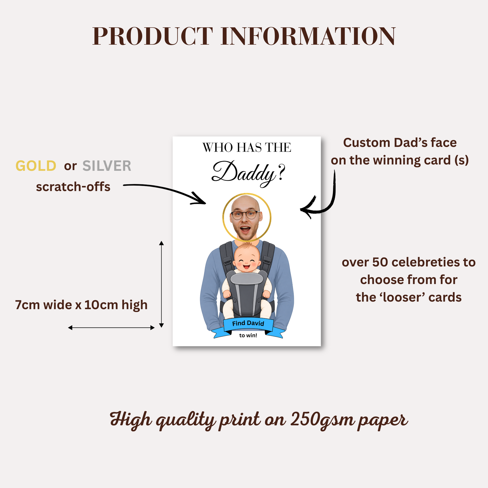 Product information graphic for a custom 'Daddy' scratch-off card, showing the card design with dimensions (7cm wide x 10cm high) and features gold or silver scratch-offs. The card features a cartoon illustration of a man in a baby carrier with a blue banner at the bottom that reads 'Find Daddy We will'.