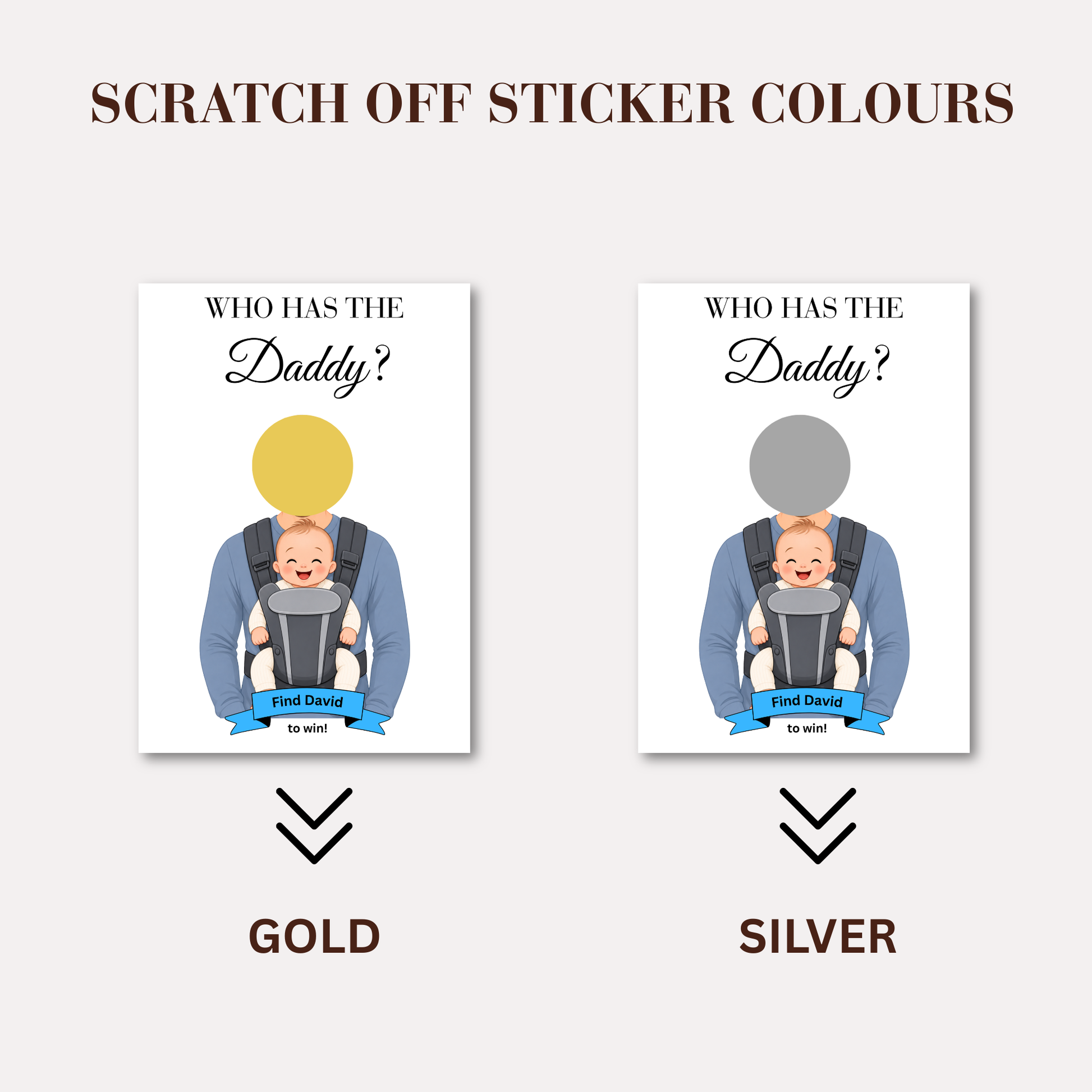 Two scratch-off color sticker cards shown side by side on a light gray background, with the heading 'SCRATCH OFF STICKER COLOURS.' The left card is labeled GOLD and has a gold oval covering part of the baby carrier illustration; the right card is labeled SILVER and has a silver oval covering the same area.