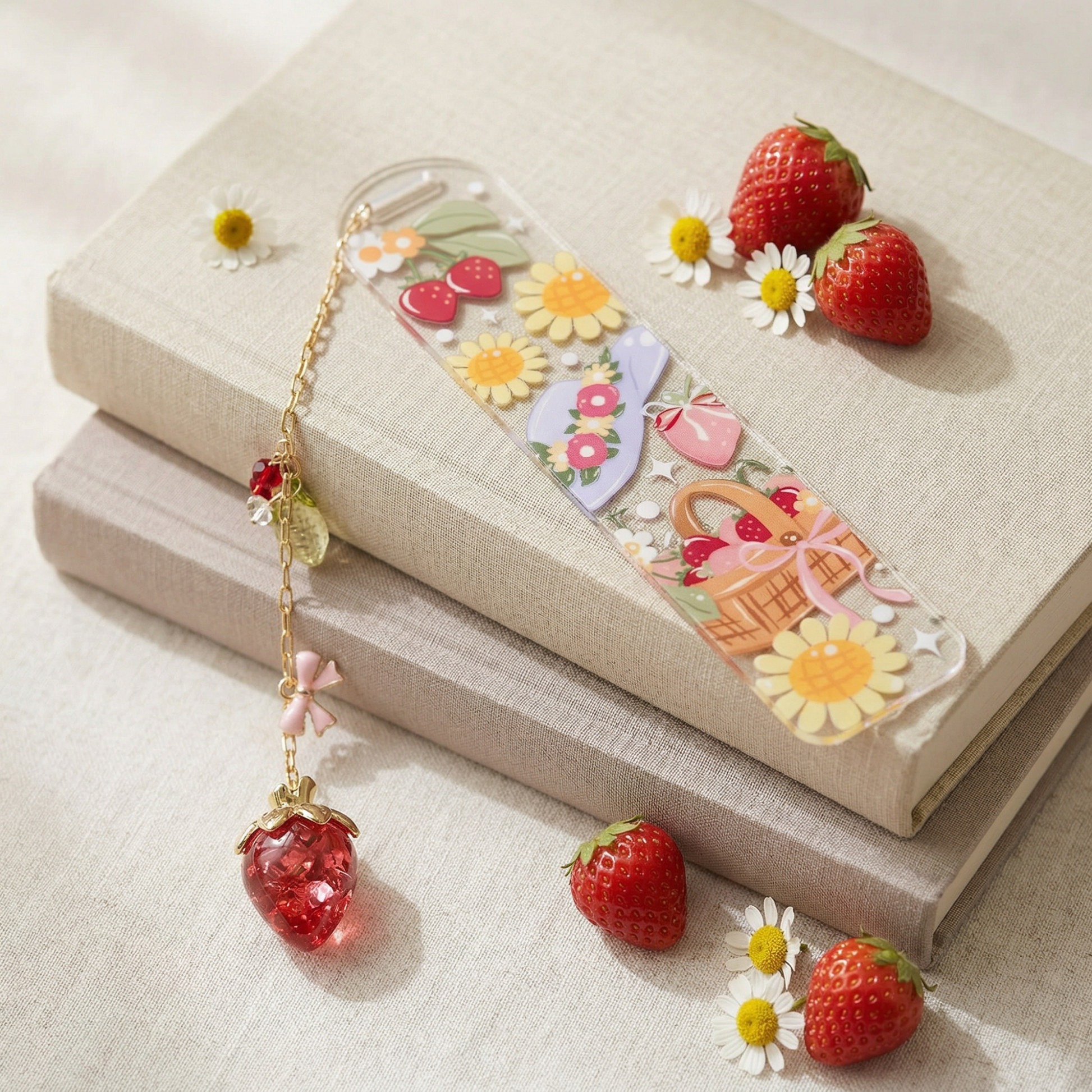 strawberry daisy picnic theme bookmark