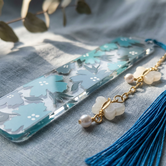 Blue Floral Acrylic Bookmark with Tassel
