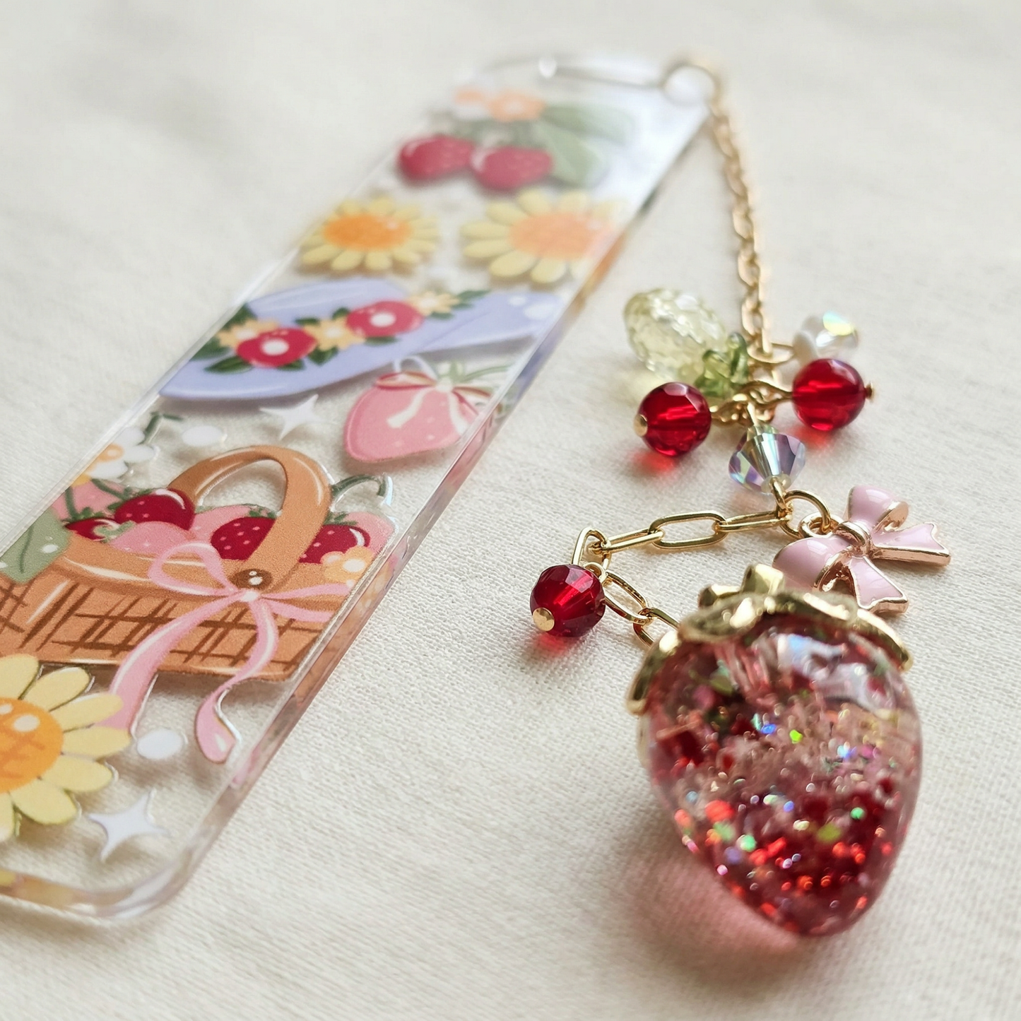 strawberry daisy picnic theme bookmark