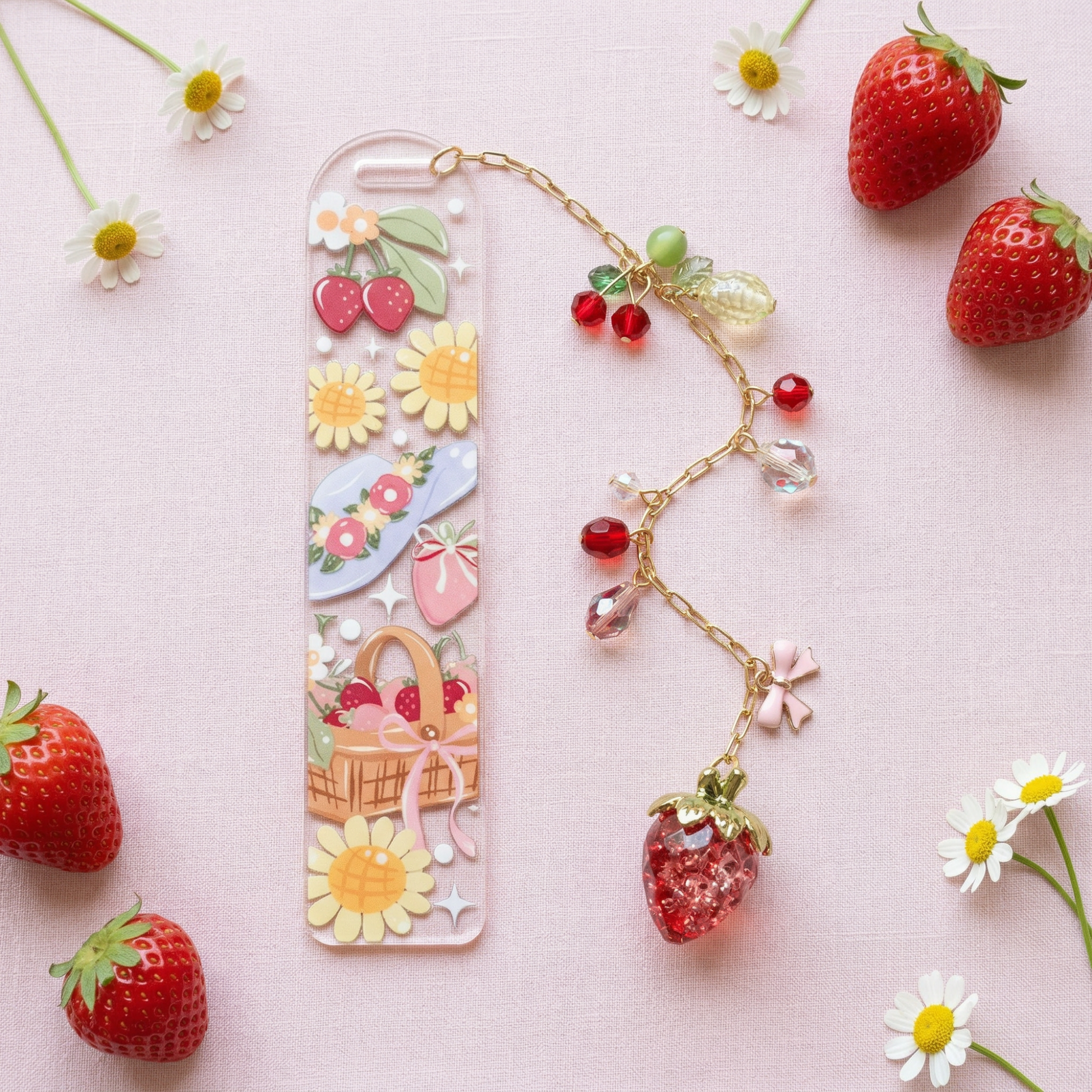 strawberry daisy picnic theme bookmark