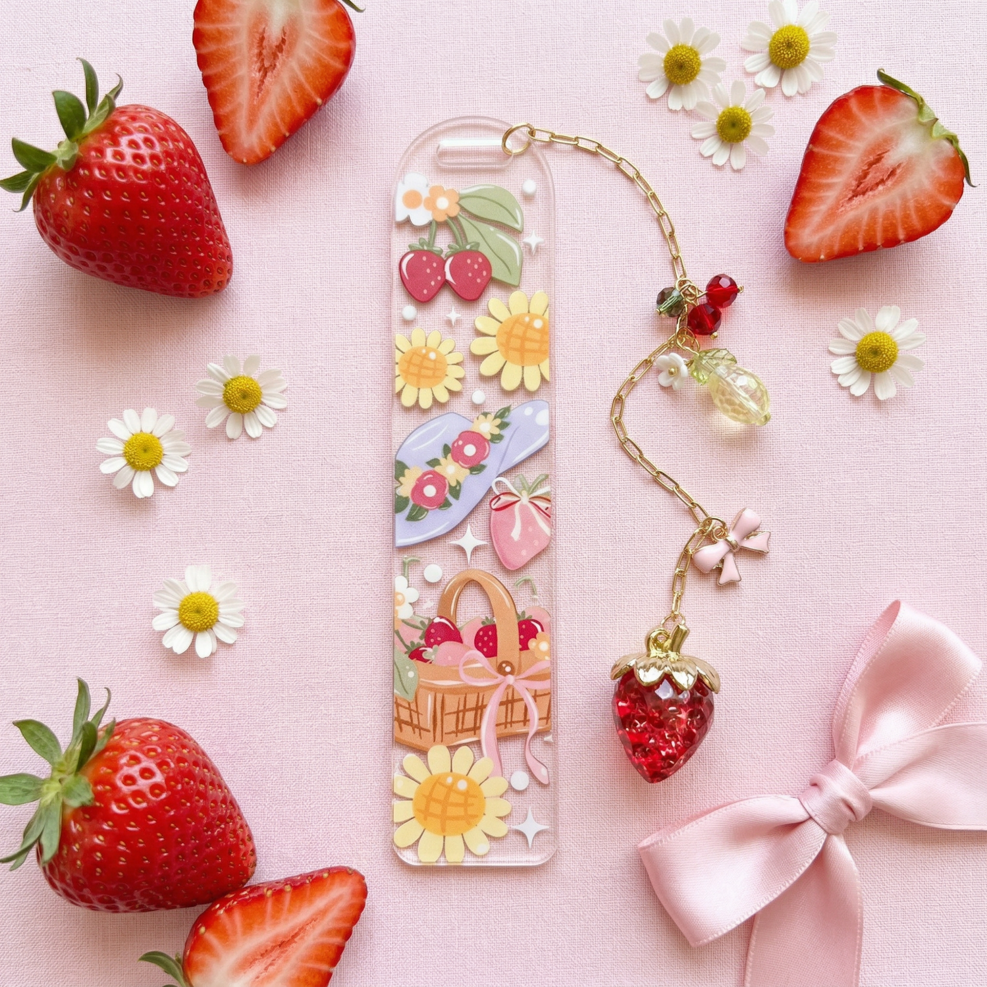 strawberry daisy picnic theme bookmark