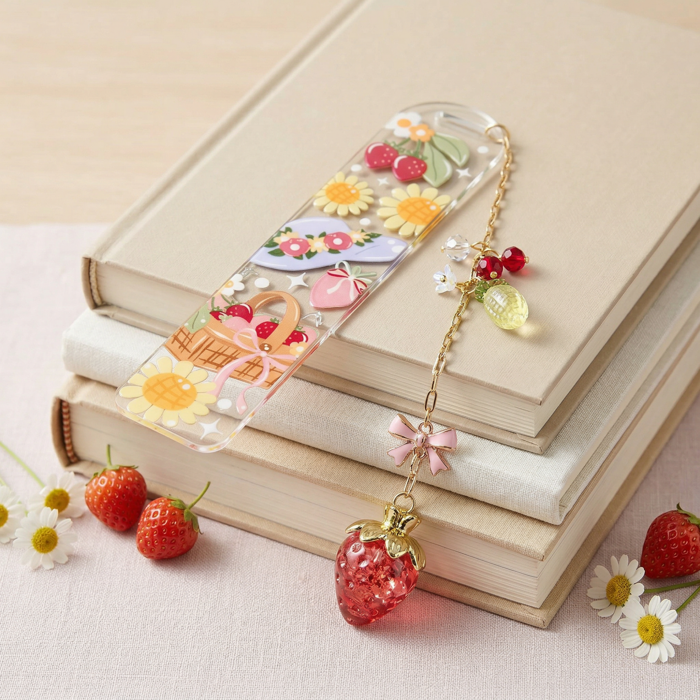 strawberry daisy picnic theme bookmark