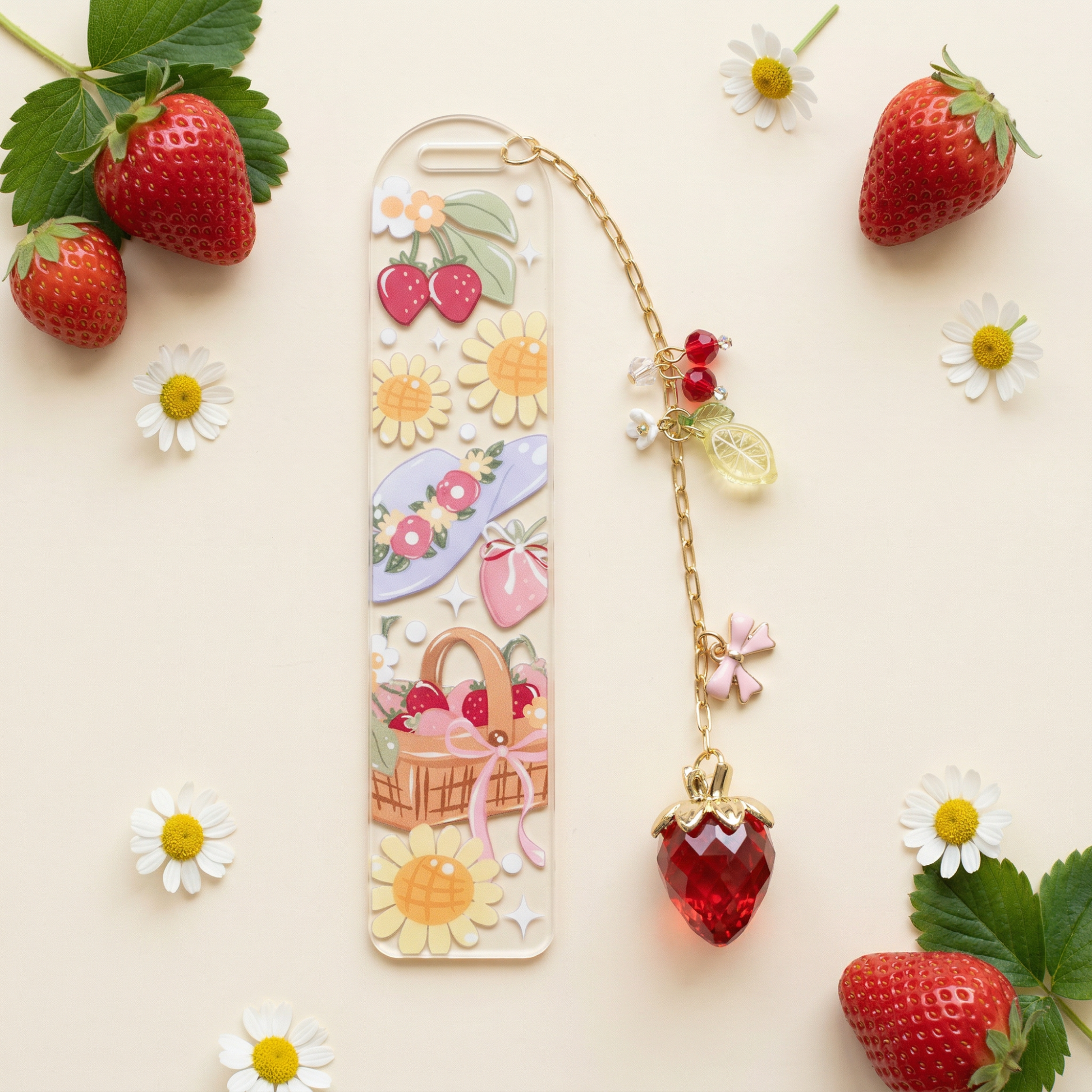 strawberry daisy picnic theme bookmark