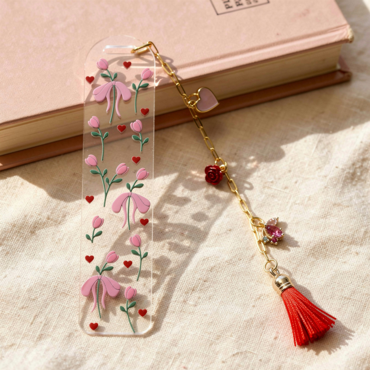 Tulips & Hearts Bookmark with Charms . Tulips Bookmark . Flower Bookmark . Flower Lover Bookmark Gift . Tulip Lover Bookmark Gift