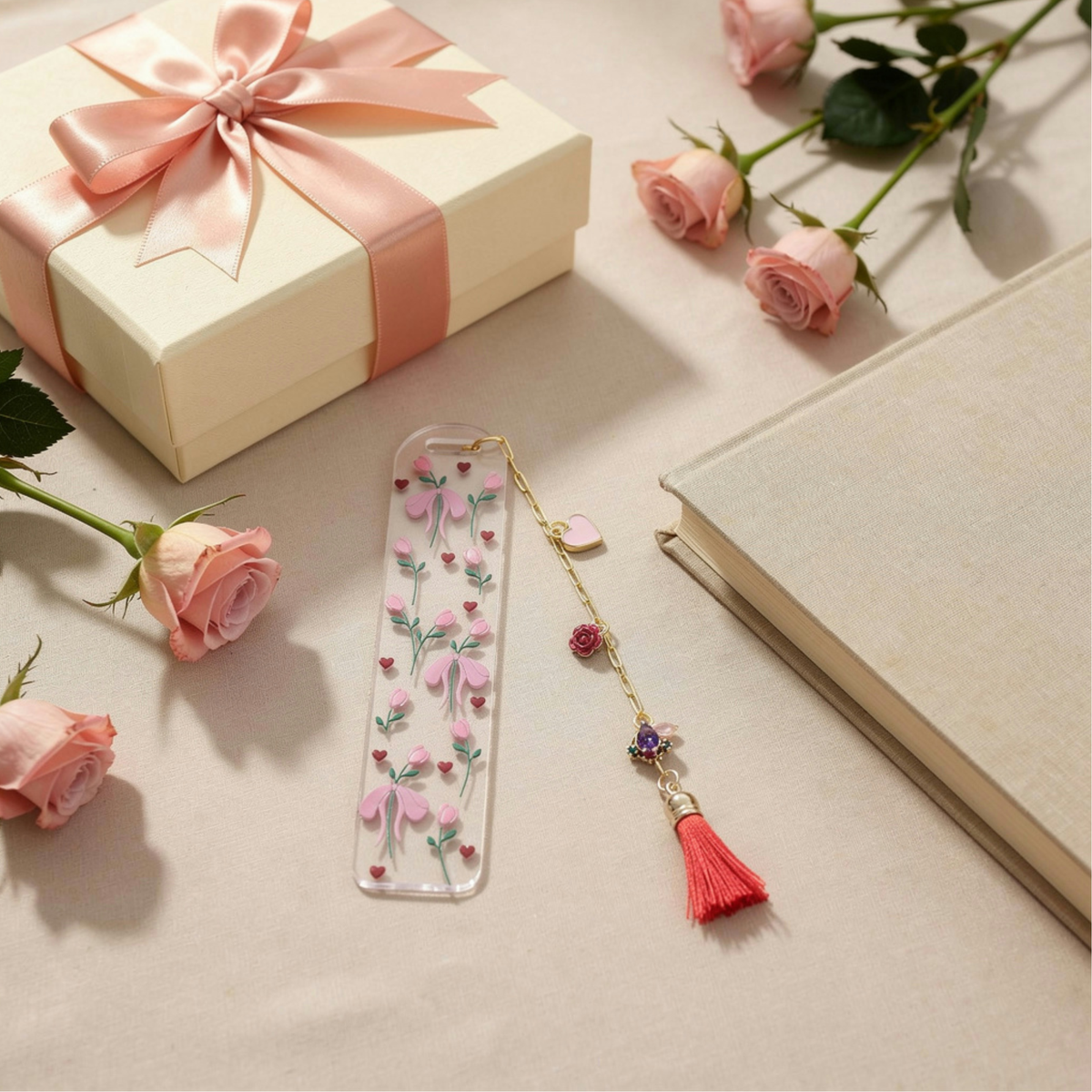 Tulips & Hearts Bookmark with Charms . Tulips Bookmark . Flower Bookmark . Flower Lover Bookmark Gift . Tulip Lover Bookmark Gift
