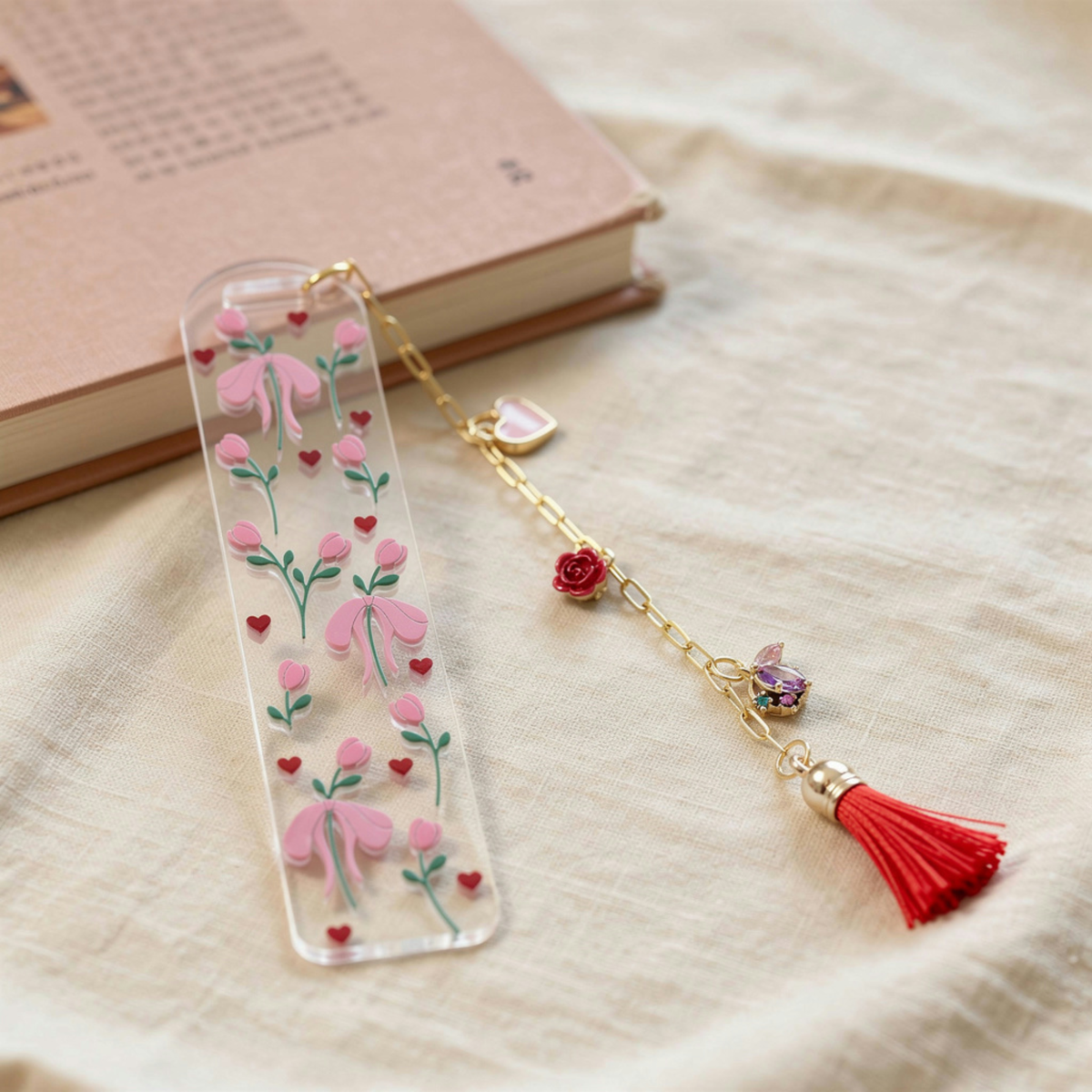 Tulips & Hearts Bookmark with Charms . Tulips Bookmark . Flower Bookmark . Flower Lover Bookmark Gift . Tulip Lover Bookmark Gift