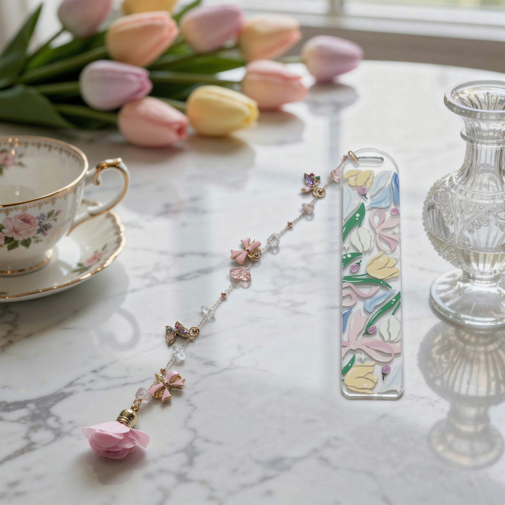 Tulip Bookmark. Floral Tulip Bookmark. Tulips and Bows Bookmark. Tulips Bookmark