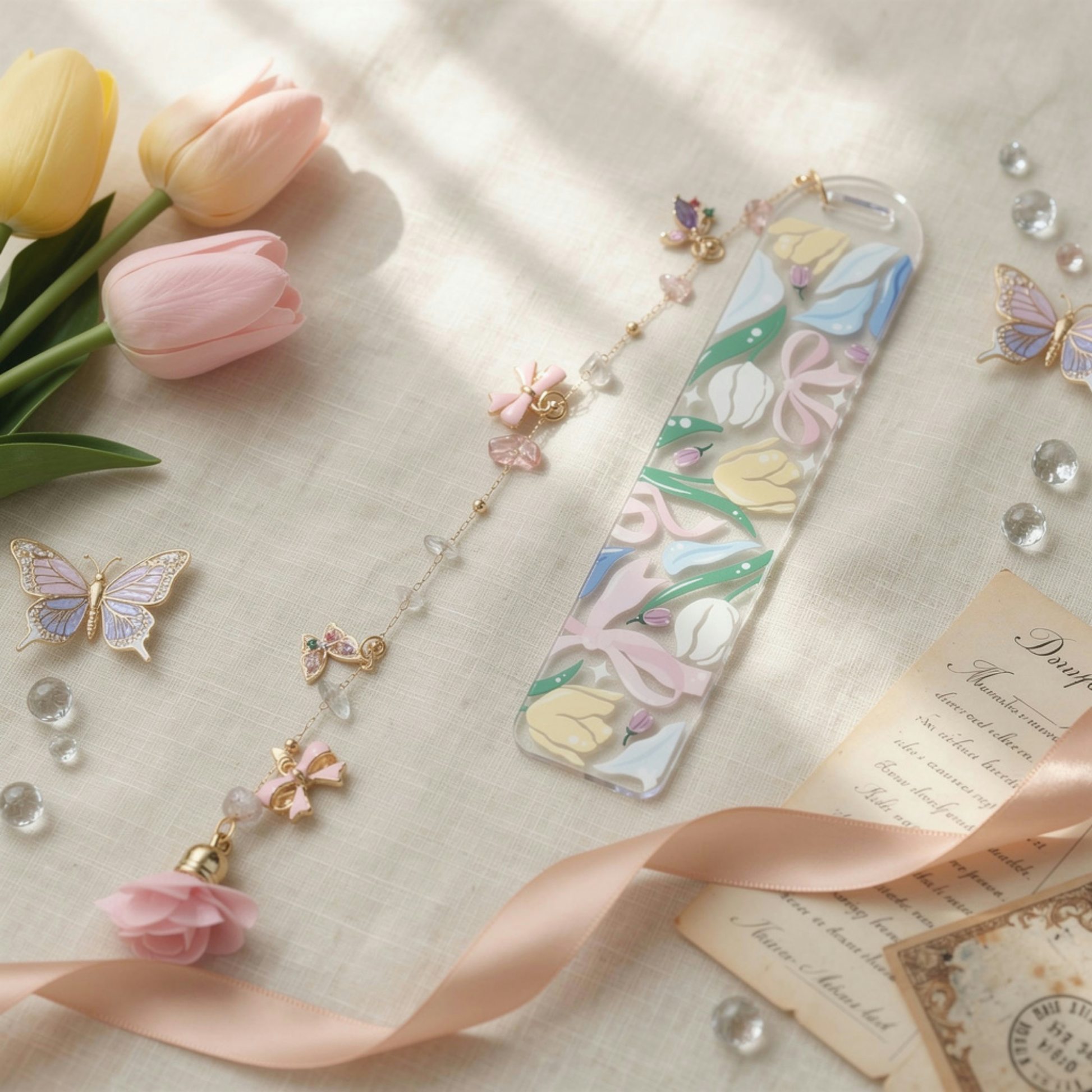 Tulip Bookmark. Floral Tulip Bookmark. Tulips and Bows Bookmark. Tulips Bookmark