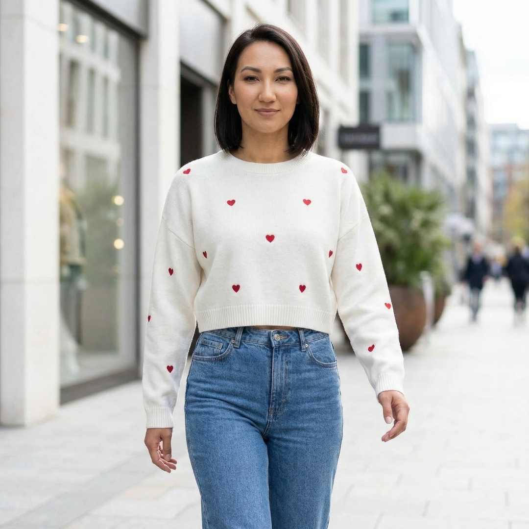 white jumper with hearts